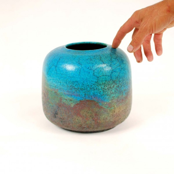 Vaso in ceramica raku cilindrico turchese 